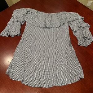 American Eagle Outfitters Blue and White Gingham Off the Shoulder Dress